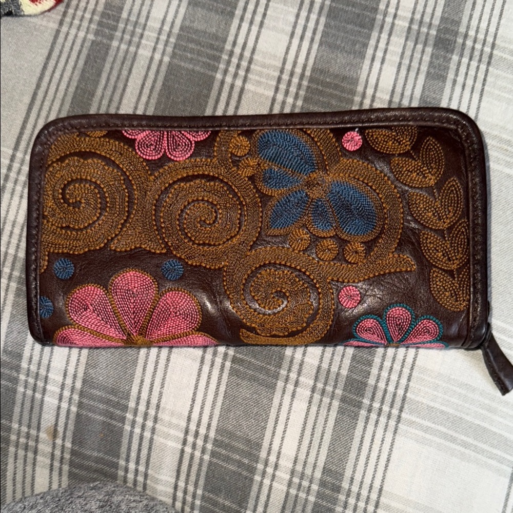 Embroidered Brown Leather Wallet